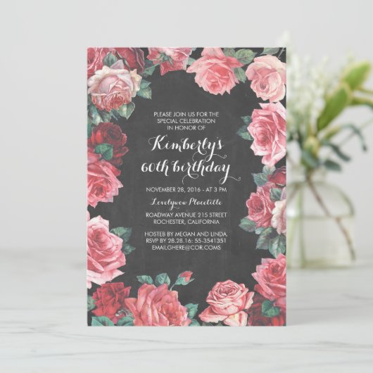 ヴィンテージの花の黒板の誕生会 招待状 (スタンド正面)