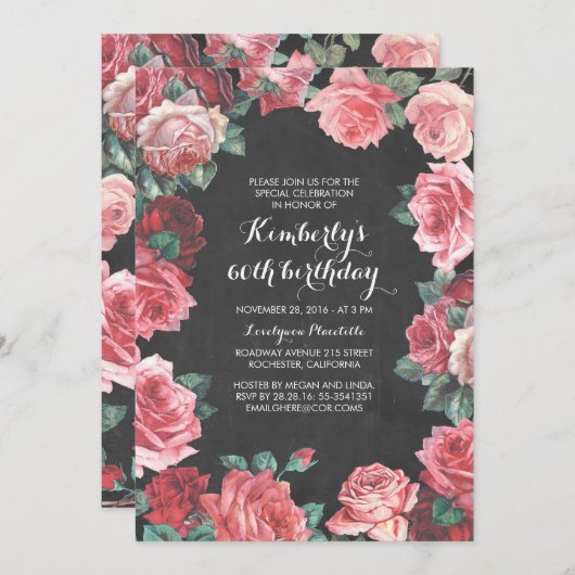 ヴィンテージの花の黒板の誕生会 招待状 (正面/裏面)