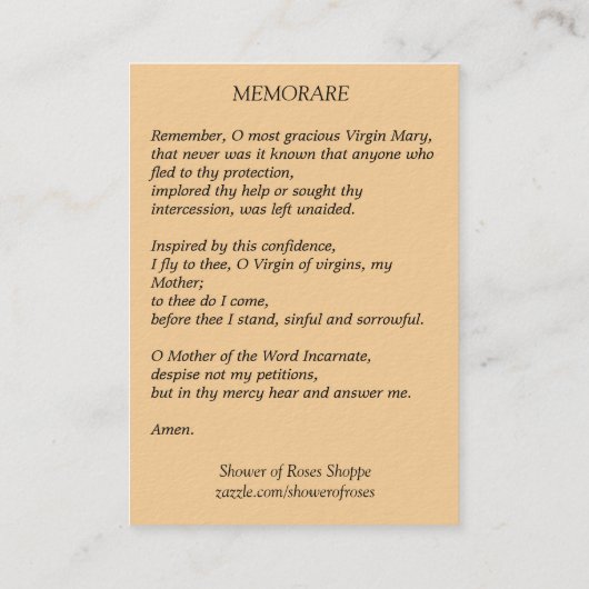 ヴィンテージの花のMemorare神聖なカードを持つ聖母マリア 名刺 (裏面)