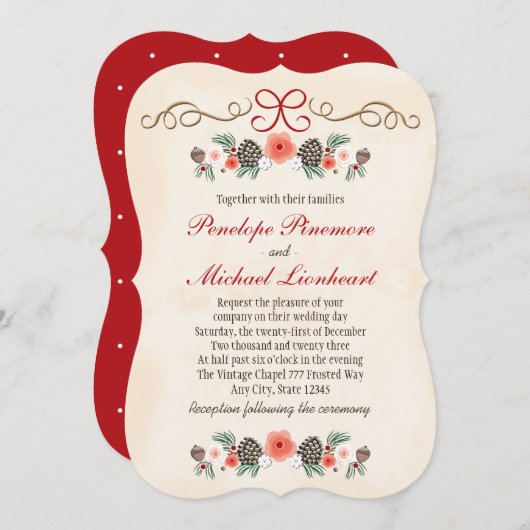 ヴィンテージの花のPineconeのクリスマスの結婚式 招待状 (正面/裏面)