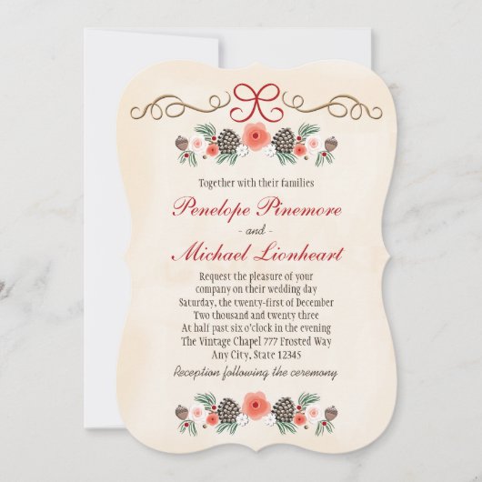 ヴィンテージの花のPineconeのクリスマスの結婚式 招待状 (正面)