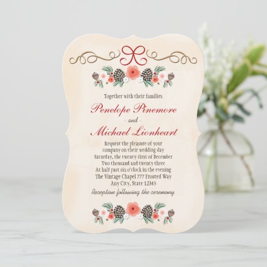 ヴィンテージの花のPineconeのクリスマスの結婚式 招待状 (スタンド正面)