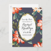 ヴィンテージの花ネイビーと金ゴールドは日付を保存 案内ポストカード (正面/裏面)