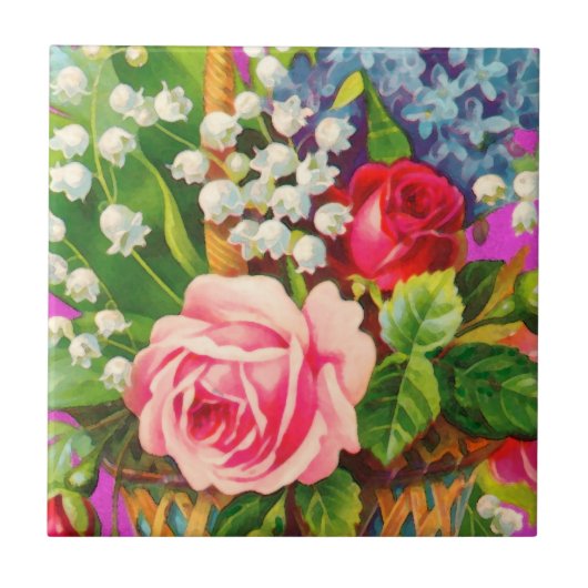 ヴィンテージの花バスケットの水彩画 タイル (正面)
