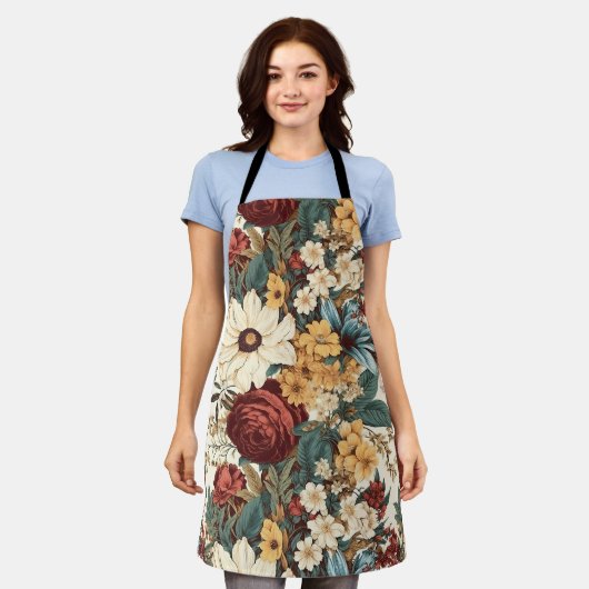 ヴィンテージの花バラ、チューリップ、ユリとデイジー エプロン (着用した状態)