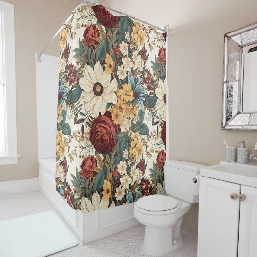 ヴィンテージの花バラ、チューリップ、ユリとデイジー シャワーカーテン (インサイチュ)