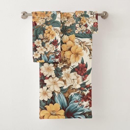 ヴィンテージの花バラ、チューリップ、ユリとデイジー バスタオルセット (インサイチュ)