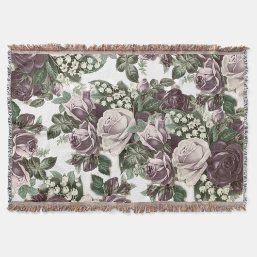 ヴィンテージの花ボヘミアのバーガンディの白いバラ スローブランケット (正面)