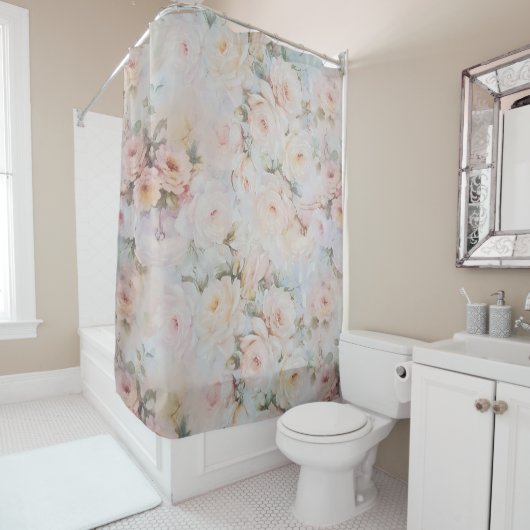 ヴィンテージの花ロマンチックな赤面のピンクのアイボリーのバラ シャワーカーテン (インサイチュ)