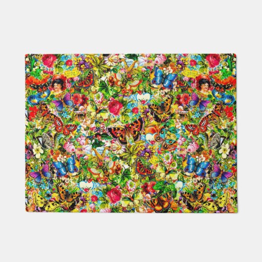 ヴィンテージの花園のカラフルな蝶花柄 ドアマット (正面)