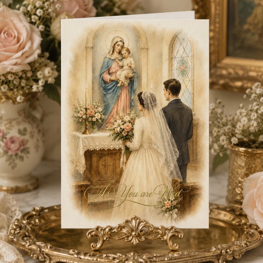 ヴィンテージの花嫁と花婿 カトリックの聖母の祭壇 カード