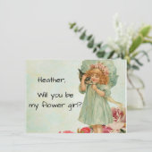 ヴィンテージの花嫁の少女の提案カード - かわいい子猫との花 招待状 (スタンド正面)