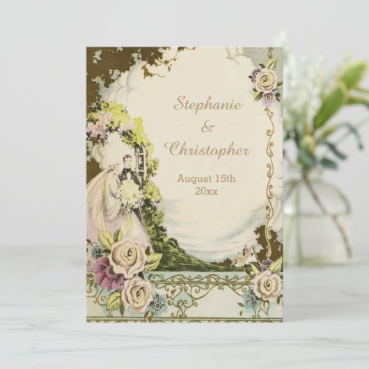ヴィンテージの花嫁及び新郎のシックでロマンチックな結婚式 招待状 (スタンド正面)