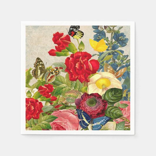 ヴィンテージの花束と蝶 スタンダードカクテルナプキン (正面)