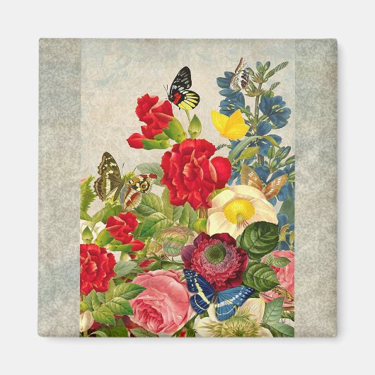 ヴィンテージの花束と蝶 マグネット (正面)