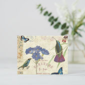 ヴィンテージの花束と鳥と蝶 ポストカード (スタンド正面)