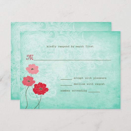 ヴィンテージの花柄および葉の応答 出欠カード (正面/裏面)
