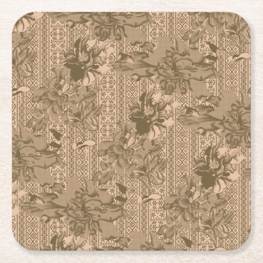 ヴィンテージの花柄で、複雑なブラウンのデシ スクエアペーパーコースター (正面)