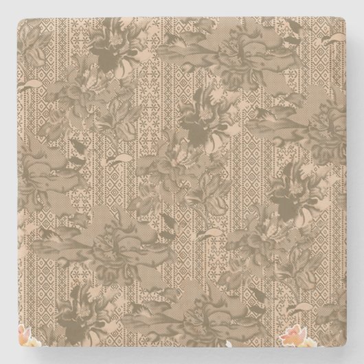 ヴィンテージの花柄で、複雑なブラウンのデシ ストーンコースター (正面)