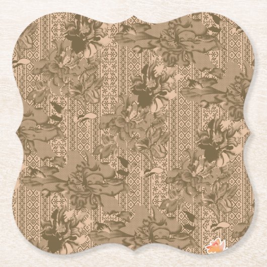 ヴィンテージの花柄で、複雑なブラウンのデシ ペーパーコースター (正面)