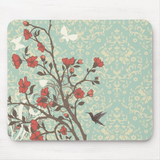 ヴィンテージの花柄の渦巻のダマスク織 + 鳥のmousepad マウスパッド (正面)