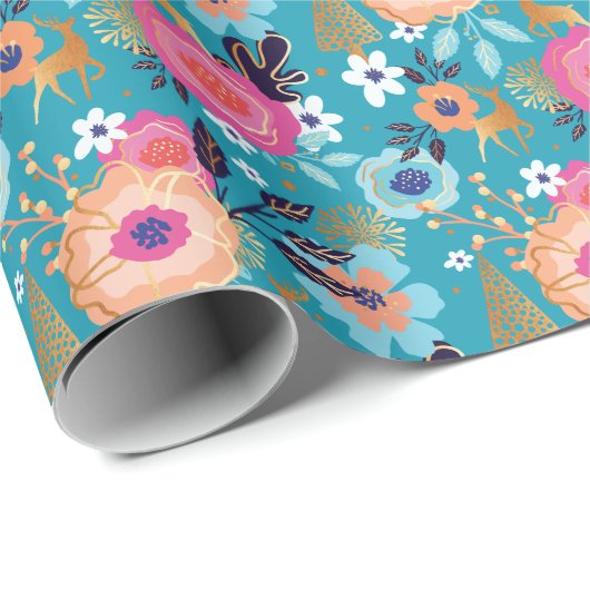 ヴィンテージの花模様、トナカイ及び雪片のクリスマス ラッピングペーパー (ロールコーナー)