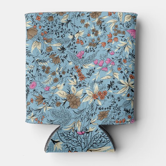 ヴィンテージの花模様、青い背景。 缶クーラー (正面)