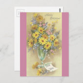 ヴィンテージの花瓶の花とハッピーバースデー ポストカード (正面/裏面)