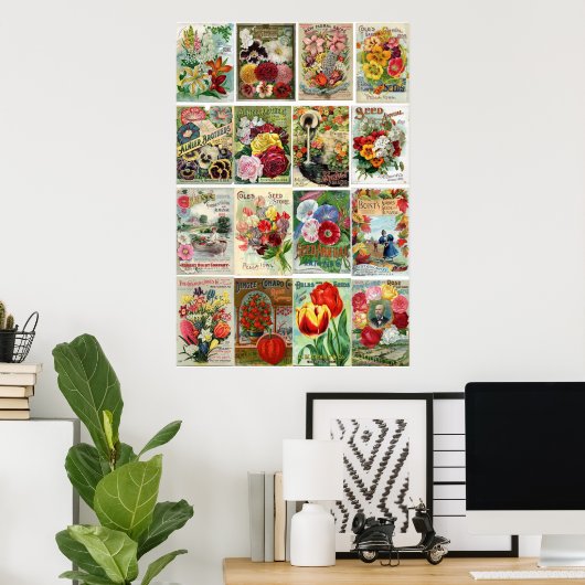 ヴィンテージの花種カタログのコラージュ ポスター (ホームオフィス)
