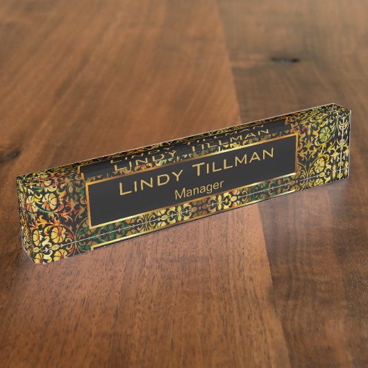 、ヴィンテージの花色及び黒いダマスク織個人化して下さい デスクネームプレート (側面)