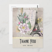 ヴィンテージの花、エッフェル塔と麻のありがとうカード ポストカード (正面/裏面)