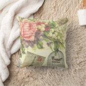 ヴィンテージの花、スタンプ、鳥 クッション (ブランケット)
