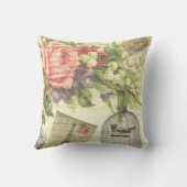 ヴィンテージの花、スタンプ、鳥 クッション (裏面)