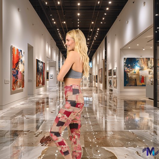 ヴィンテージの花：赤いフローラパッチワークパターン カプリレギンス