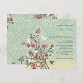 ヴィンテージの花、鳥 + ダマスク織の結婚式招待状 招待状 (正面/裏面)