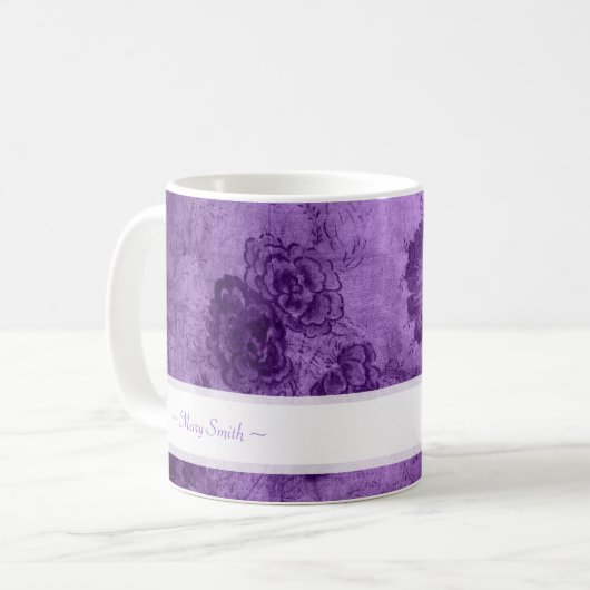 ヴィンテージの芸術の花の原動力となる名前をカスタムするの紫色 コーヒーマグカップ (正面左)