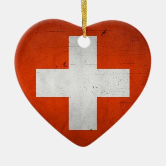 ヴィンテージの芸術的でグランジなスイス連邦共和国の旗 セラミックオーナメント (正面)