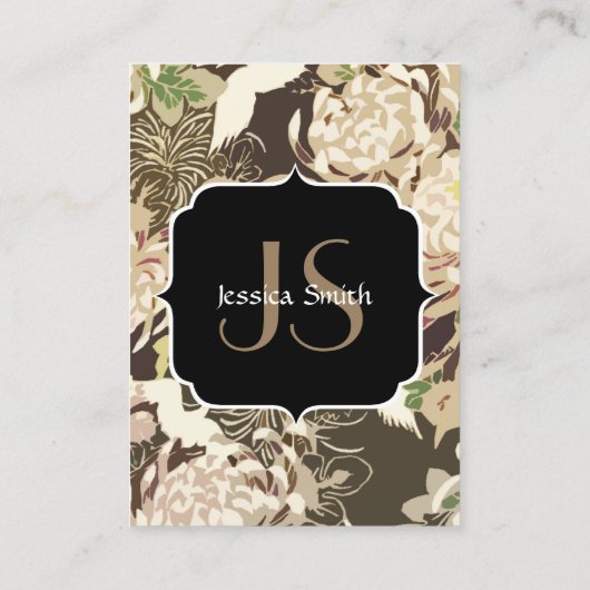 ヴィンテージの茶色のベージュの花と鳥のモノグラム 名刺 (裏面)
