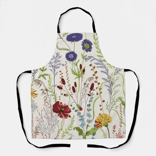 ヴィンテージの草原の野花 手描きの花柄 エプロン (正面)