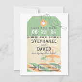 ヴィンテージの荷物のラベルの行先の結婚式の保存の日付 セーブザデート (正面)