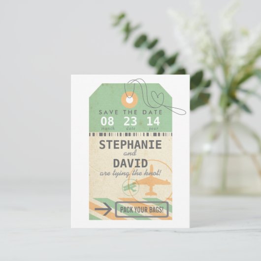 ヴィンテージの荷物のラベルの行先の結婚式の保存の日付 セーブザデート (スタンド正面)