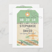 ヴィンテージの荷物のラベルの行先の結婚式の保存の日付 セーブザデート (正面/裏面)