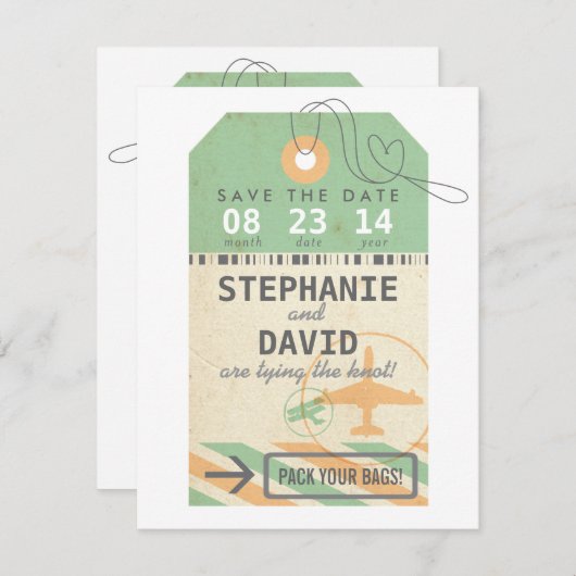 ヴィンテージの荷物のラベルの行先の結婚式の保存の日付 セーブザデート (正面/裏面)