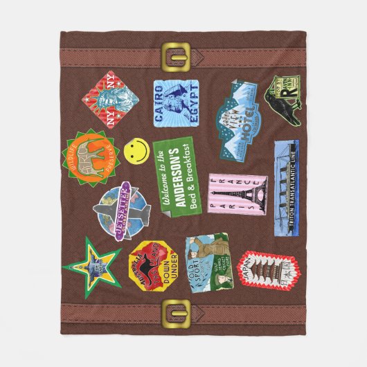 ヴィンテージの荷物の世界旅行スーツケースのステッカーの名前 フリースブランケット (正面)