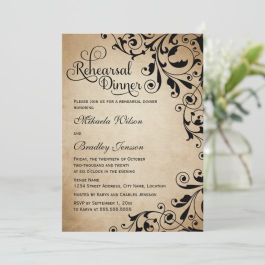 ヴィンテージの華やかな渦巻きリハーサルディナー 招待状 (スタンド正面)