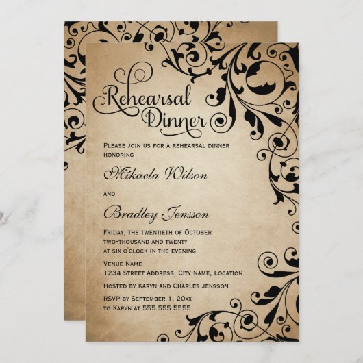 ヴィンテージの華やかな渦巻きリハーサルディナー 招待状 (正面/裏面)