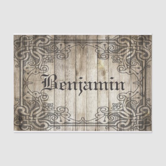 ヴィンテージの華美なボーダー暗い木製のパーソナライズな名前 薄葉紙 (正面)