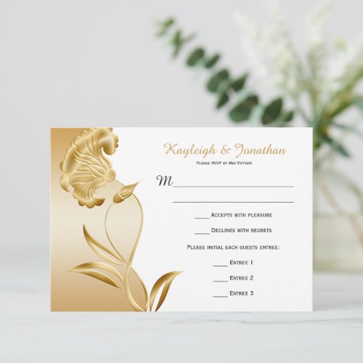 ヴィンテージの華美な金ゴールドによっては渦巻RSVPが開花します 出欠カード (スタンド正面)