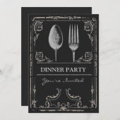 ヴィンテージの華美な銀のスプーンのフォークのディナー・パーティ 招待状 (正面/裏面)