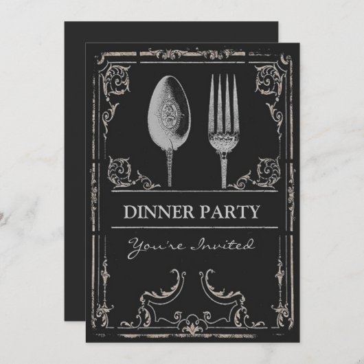 ヴィンテージの華美な銀のスプーンのフォークのディナー・パーティ 招待状 (正面/裏面)